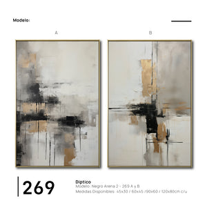Set Cuadros Decorativos Abstracto Negro Arena 2-269 - Diptico Moderno y Elegante En Negro, Beige y Dorado Oro
