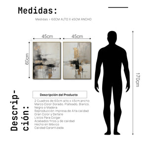 Set Cuadros Decorativos Abstracto Negro Arena 2-269 - Diptico Moderno y Elegante En Negro, Beige y Dorado Oro