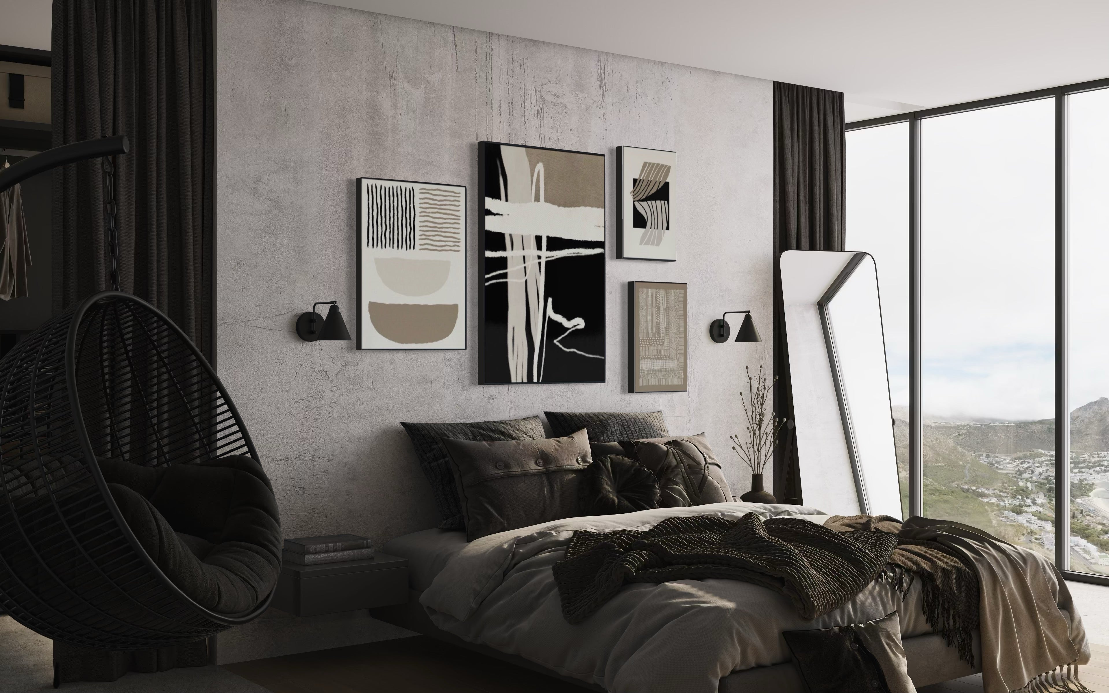 Set Cuadros Decorativos Abstracto Negro Arena 2-218 B - 4piezas Minimalistas Arte Moderno Estilo Nordico en Tonos Neutros