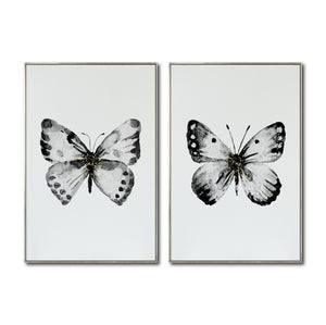 Cuadro Decorativo Abstracto Negro Arena 2-270 - Boceto Mariposas En Blanco, Negro y Dorado Arte Moderno Estilo Nordico