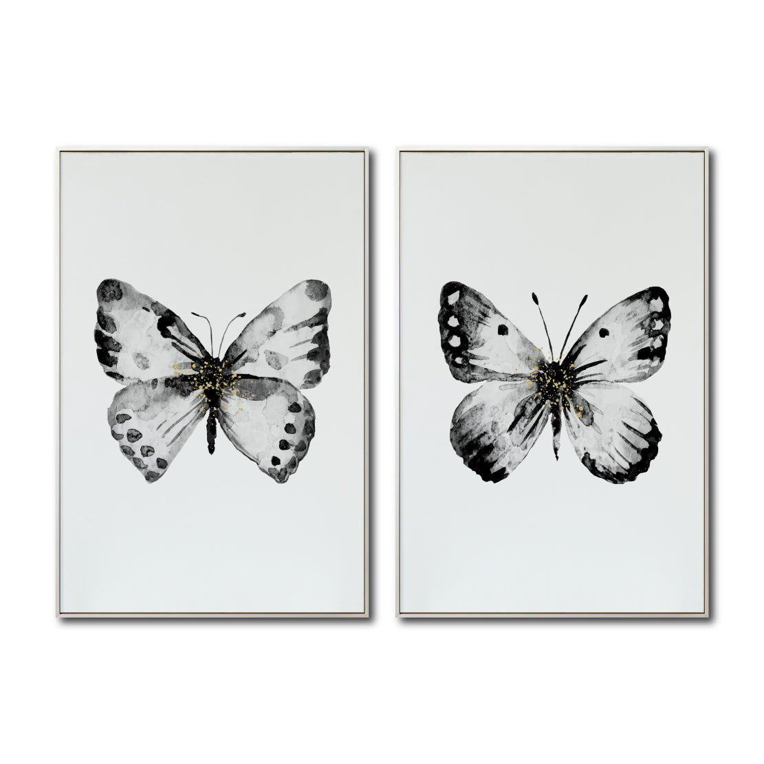 Cuadro Decorativo Abstracto Negro Arena 2-270 - Boceto Mariposas En Blanco, Negro y Dorado Arte Moderno Estilo Nordico