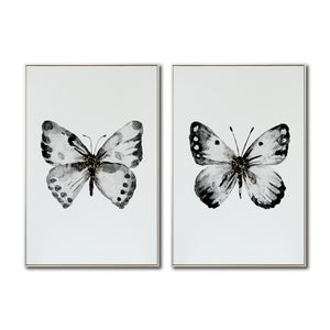 Cuadro Decorativo Abstracto Negro Arena 2-270 - Boceto Mariposas En Blanco, Negro y Dorado Arte Moderno Estilo Nordico