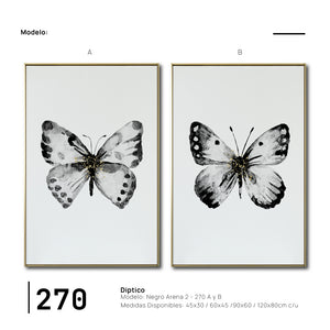 Cuadro Decorativo Abstracto Negro Arena 2-270 - Boceto Mariposas En Blanco, Negro y Dorado Arte Moderno Estilo Nordico