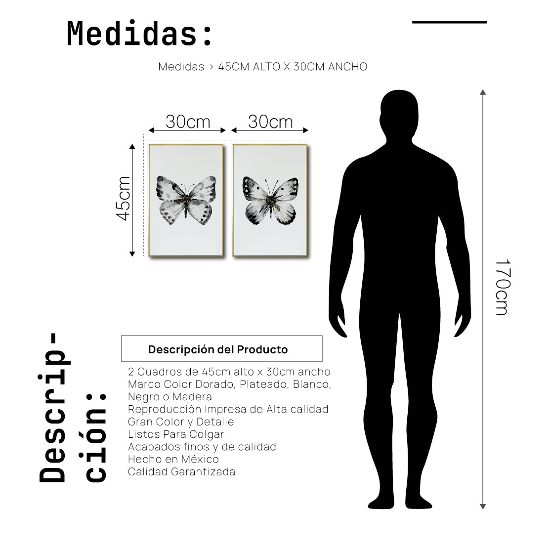 Cuadro Decorativo Abstracto Negro Arena 2-270 - Boceto Mariposas En Blanco, Negro y Dorado Arte Moderno Estilo Nordico