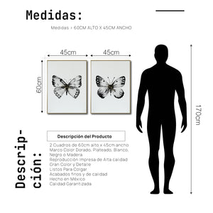 Cuadro Decorativo Abstracto Negro Arena 2-270 - Boceto Mariposas En Blanco, Negro y Dorado Arte Moderno Estilo Nordico