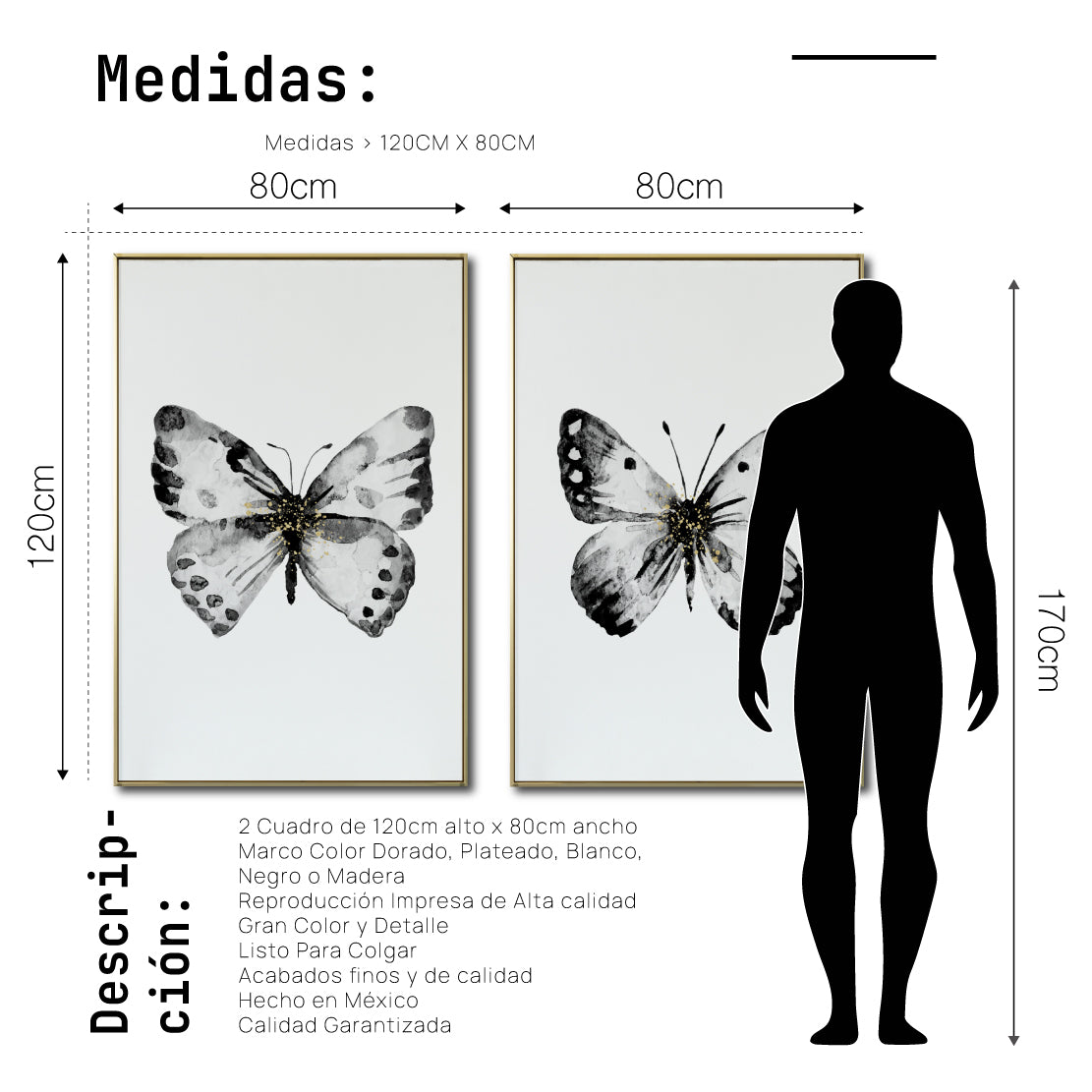 Cuadro Decorativo Abstracto Negro Arena 2-270 - Boceto Mariposas En Blanco, Negro y Dorado Arte Moderno Estilo Nordico