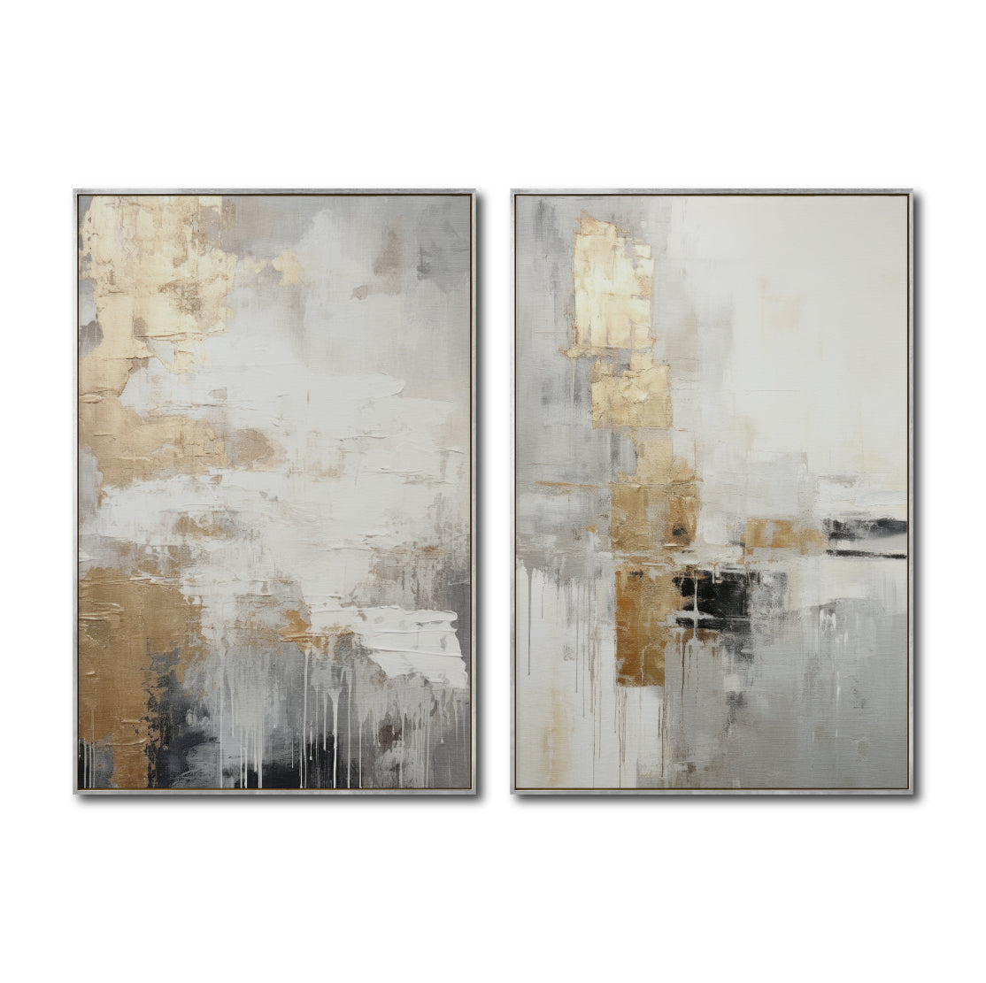 Cuadro Decorativo Abstracto Negro Arena 2-271- Diptico Moderno y Elegante en Tonos Negro, Gris, Beige y Dorado Oro