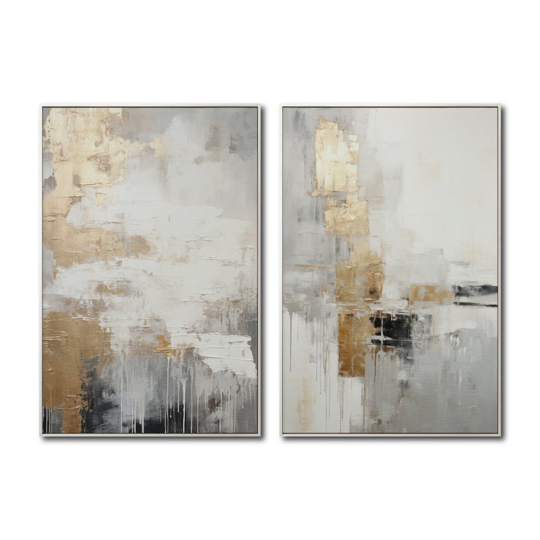 Cuadro Decorativo Abstracto Negro Arena 2-271- Diptico Moderno y Elegante en Tonos Negro, Gris, Beige y Dorado Oro