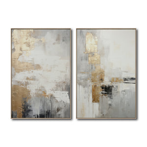 Cuadro Decorativo Abstracto Negro Arena 2-271- Diptico Moderno y Elegante en Tonos Negro, Gris, Beige y Dorado Oro