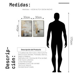 Cuadro Decorativo Abstracto Negro Arena 2-271- Diptico Moderno y Elegante en Tonos Negro, Gris, Beige y Dorado Oro