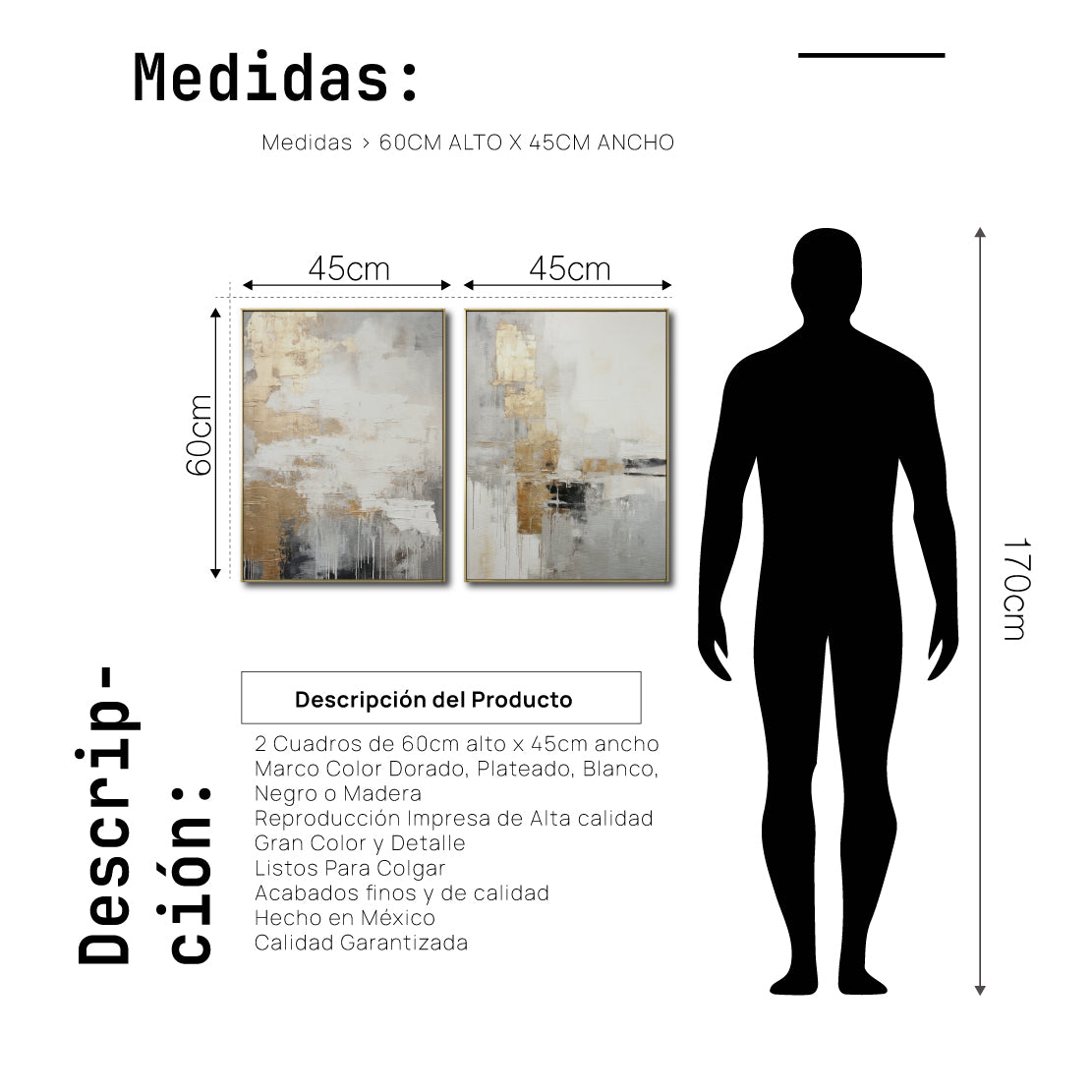Cuadro Decorativo Abstracto Negro Arena 2-271- Diptico Moderno y Elegante en Tonos Negro, Gris, Beige y Dorado Oro
