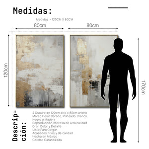 Cuadro Decorativo Abstracto Negro Arena 2-271- Diptico Moderno y Elegante en Tonos Negro, Gris, Beige y Dorado Oro