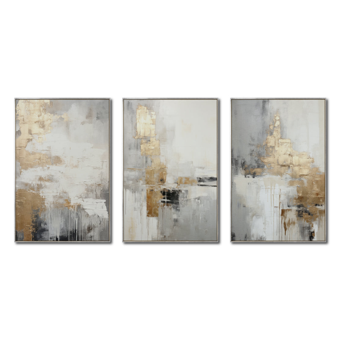 Set Cuadros Decorativos Abstracto Negro Arena 2-271 -Triptico  Moderno y Elegante en Tonos Negro, Gris, Beige y Dorado Oro