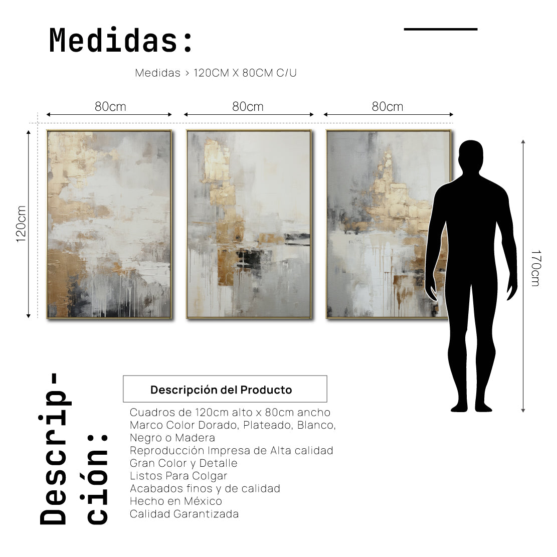Set Cuadros Decorativos Abstracto Negro Arena 2-271 -Triptico  Moderno y Elegante en Tonos Negro, Gris, Beige y Dorado Oro