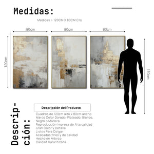 Set Cuadros Decorativos Abstracto Negro Arena 2-271 -Triptico  Moderno y Elegante en Tonos Negro, Gris, Beige y Dorado Oro