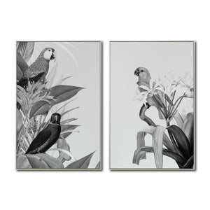 Set Cuadros Decorativos Abstracto Negro Arena 2-272 - Diptico Boceto Loros, Aves, Pericos Arte Moderno y Elegante en Blanco y Negro Estilo Nordico
