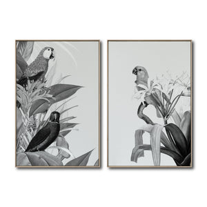 Set Cuadros Decorativos Abstracto Negro Arena 2-272 - Diptico Boceto Loros, Aves, Pericos Arte Moderno y Elegante en Blanco y Negro Estilo Nordico