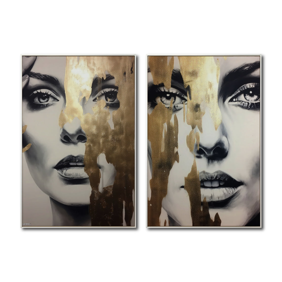 Set Cuadros Decorativos Abstracto Negro Arena 2-273 -Diptico Boceto de Rostros Caras de Mujer en Blanco y Negro con Dorado Oro Arte Moderno y Elegante