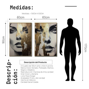Set Cuadros Decorativos Abstracto Negro Arena 2-273 -Diptico Boceto de Rostros Caras de Mujer en Blanco y Negro con Dorado Oro Arte Moderno y Elegante