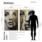 Cargar imagen en el visor de la galería, Set Cuadros Decorativos Abstracto Negro Arena 2-273 -Diptico Boceto de Rostros Caras de Mujer en Blanco y Negro con Dorado Oro Arte Moderno y Elegante
