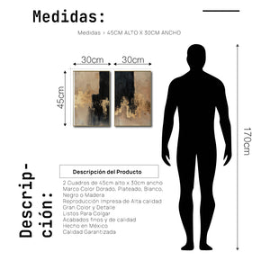 Set Cuadros Decorativos Abstracto Negro Arena 2-275 - Diptico Moderno y Elegante en Negro, Beige y Dorado Oro