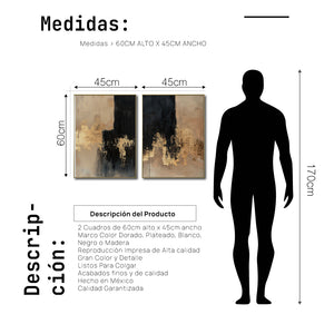 Set Cuadros Decorativos Abstracto Negro Arena 2-275 - Diptico Moderno y Elegante en Negro, Beige y Dorado Oro
