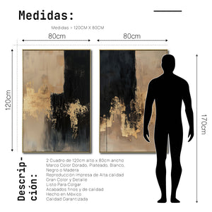Set Cuadros Decorativos Abstracto Negro Arena 2-275 - Diptico Moderno y Elegante en Negro, Beige y Dorado Oro