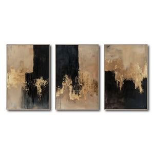 Set Cuadros Decorativos Abstracto Negro Arena 2-275- Triptico Moderno y Elegante en Negro, Beige y Dorado Oro