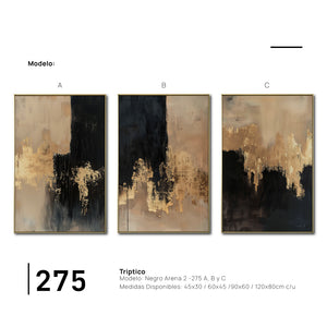 Set Cuadros Decorativos Abstracto Negro Arena 2-275- Triptico Moderno y Elegante en Negro, Beige y Dorado Oro