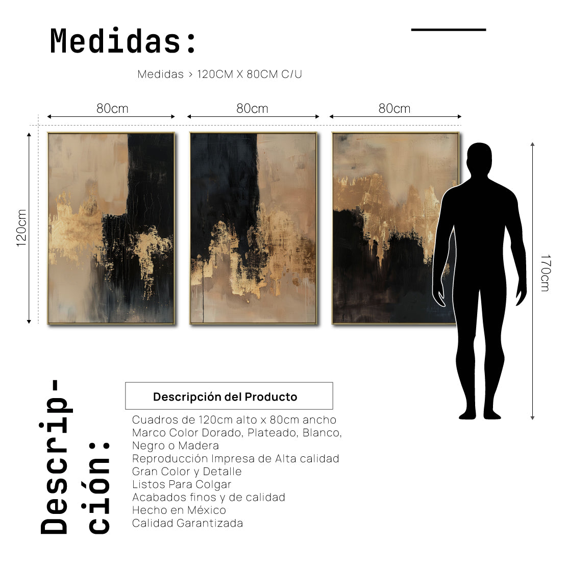 Set Cuadros Decorativos Abstracto Negro Arena 2-275- Triptico Moderno y Elegante en Negro, Beige y Dorado Oro