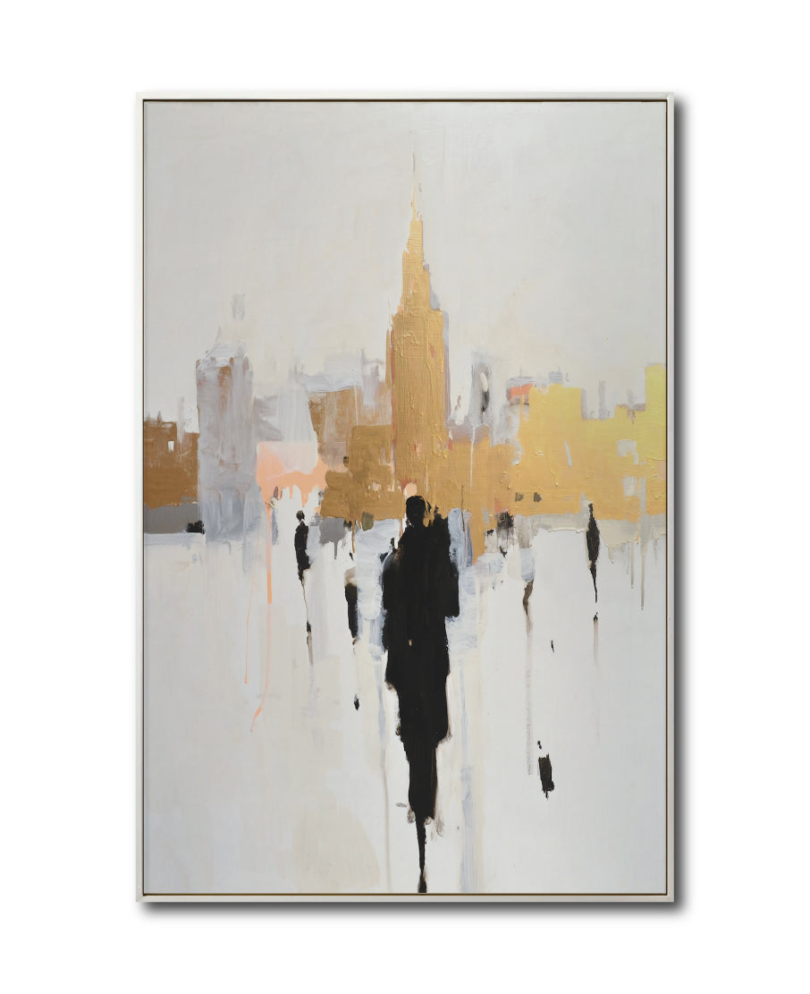 Cuadro Decorativo Abstracto Negro Arena 2-276 - Ciudad y Silueta Humana Arte Moderno y Minimalista en Negro y Dorado Oro