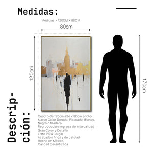 Cuadro Decorativo Abstracto Negro Arena 2-276 - Ciudad y Silueta Humana Arte Moderno y Minimalista en Negro y Dorado Oro