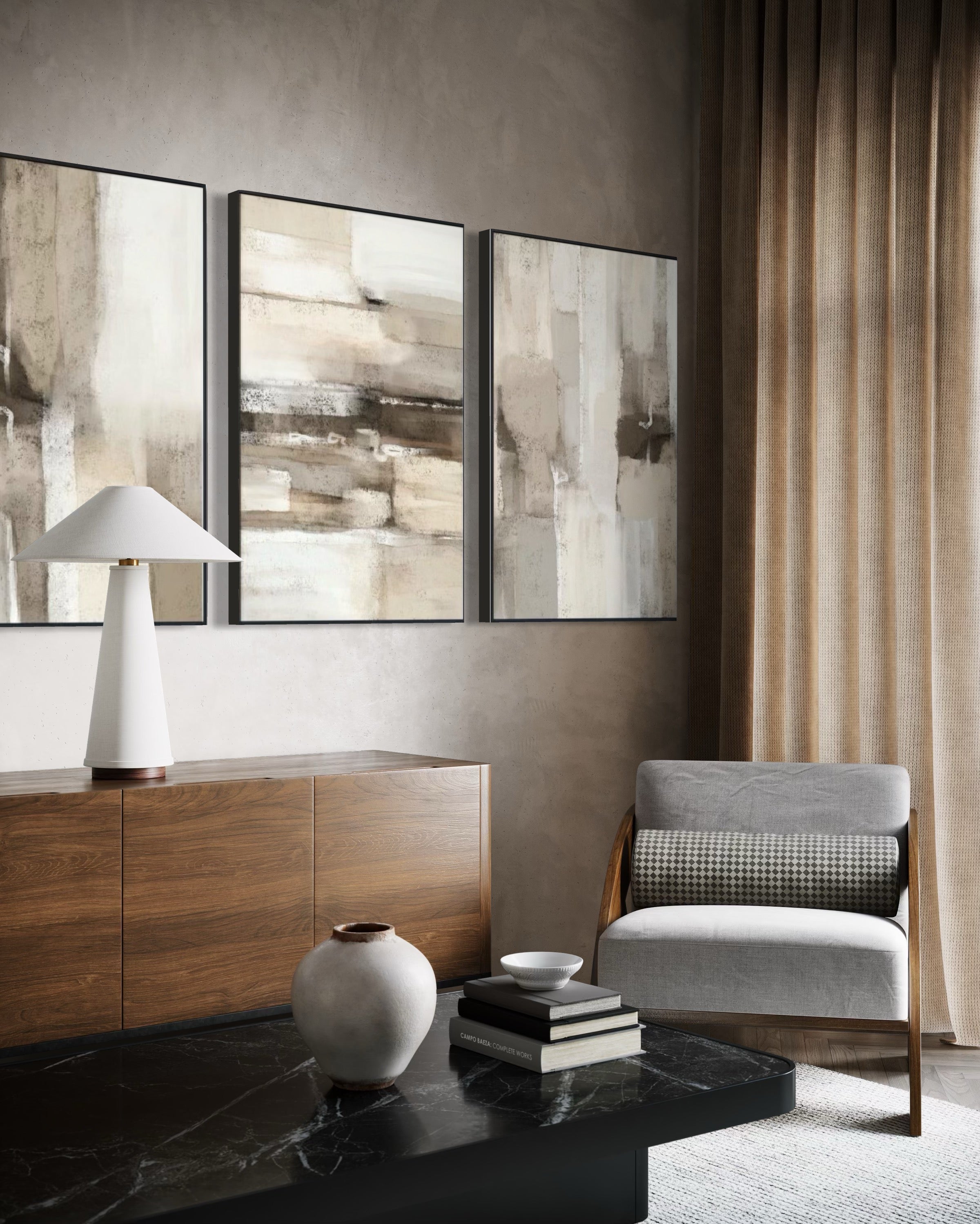 Set Cuadros Decorativos Abstracto Negro Arena 2 - 211 - Triptico En tonos Beige y Cafe Colores Neutros Arte Moderno Estilo Boho Nordico