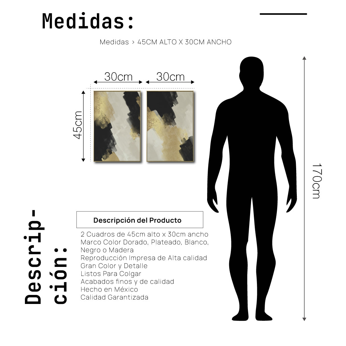 Set Cuadros Decorativos Abstracto Negro Arena 2-277 -Diptico Moderno y Elegante Arte Estilo Nordico en Negro, Beige y Dorado Oro