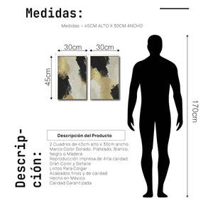Set Cuadros Decorativos Abstracto Negro Arena 2-277 -Diptico Moderno y Elegante Arte Estilo Nordico en Negro, Beige y Dorado Oro