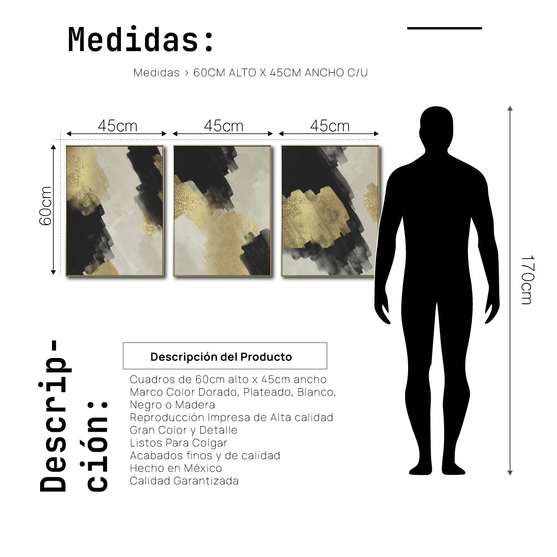 Set Cuadros Decorativos Abstracto Negro Arena 2-277- Triptico Moderno y Elegante Arte Estilo Nordico en Negro, Beige y Dorado Oro