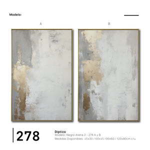 Set Cuadros Decorativos Abstracto Negro Arena 2 - 278 - Diptico Moderno y Elegante Arte Estilo Nordico en Blanco, Gris y Dorado Oro