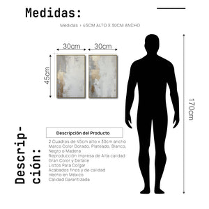 Set Cuadros Decorativos Abstracto Negro Arena 2 - 278 - Diptico Moderno y Elegante Arte Estilo Nordico en Blanco, Gris y Dorado Oro