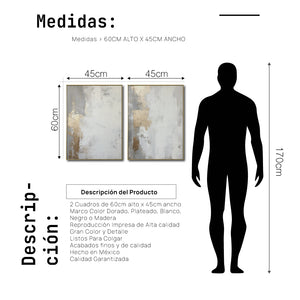 Set Cuadros Decorativos Abstracto Negro Arena 2 - 278 - Diptico Moderno y Elegante Arte Estilo Nordico en Blanco, Gris y Dorado Oro