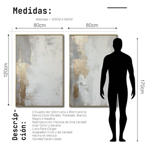 Set Cuadros Decorativos Abstracto Negro Arena 2 - 278 - Diptico Moderno y Elegante Arte Estilo Nordico en Blanco, Gris y Dorado Oro