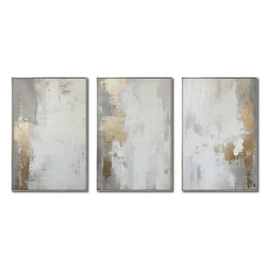 Set Cuadros Decorativos Abstracto Negro Arena 2 - 278 - Triptico Moderno y Elegante Arte Estilo Nordico en Blanco, Gris y Dorado Oro