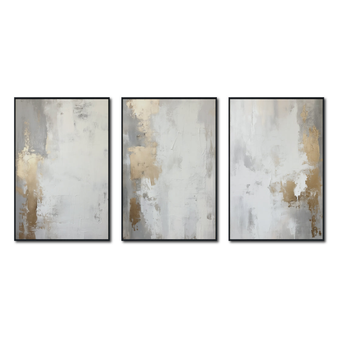 Set Cuadros Decorativos Abstracto Negro Arena 2 - 278 - Triptico Moderno y Elegante Arte Estilo Nordico en Blanco, Gris y Dorado Oro