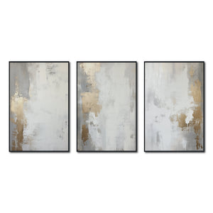 Set Cuadros Decorativos Abstracto Negro Arena 2 - 278 - Triptico Moderno y Elegante Arte Estilo Nordico en Blanco, Gris y Dorado Oro
