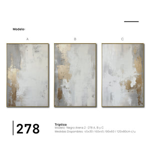 Set Cuadros Decorativos Abstracto Negro Arena 2 - 278 - Triptico Moderno y Elegante Arte Estilo Nordico en Blanco, Gris y Dorado Oro