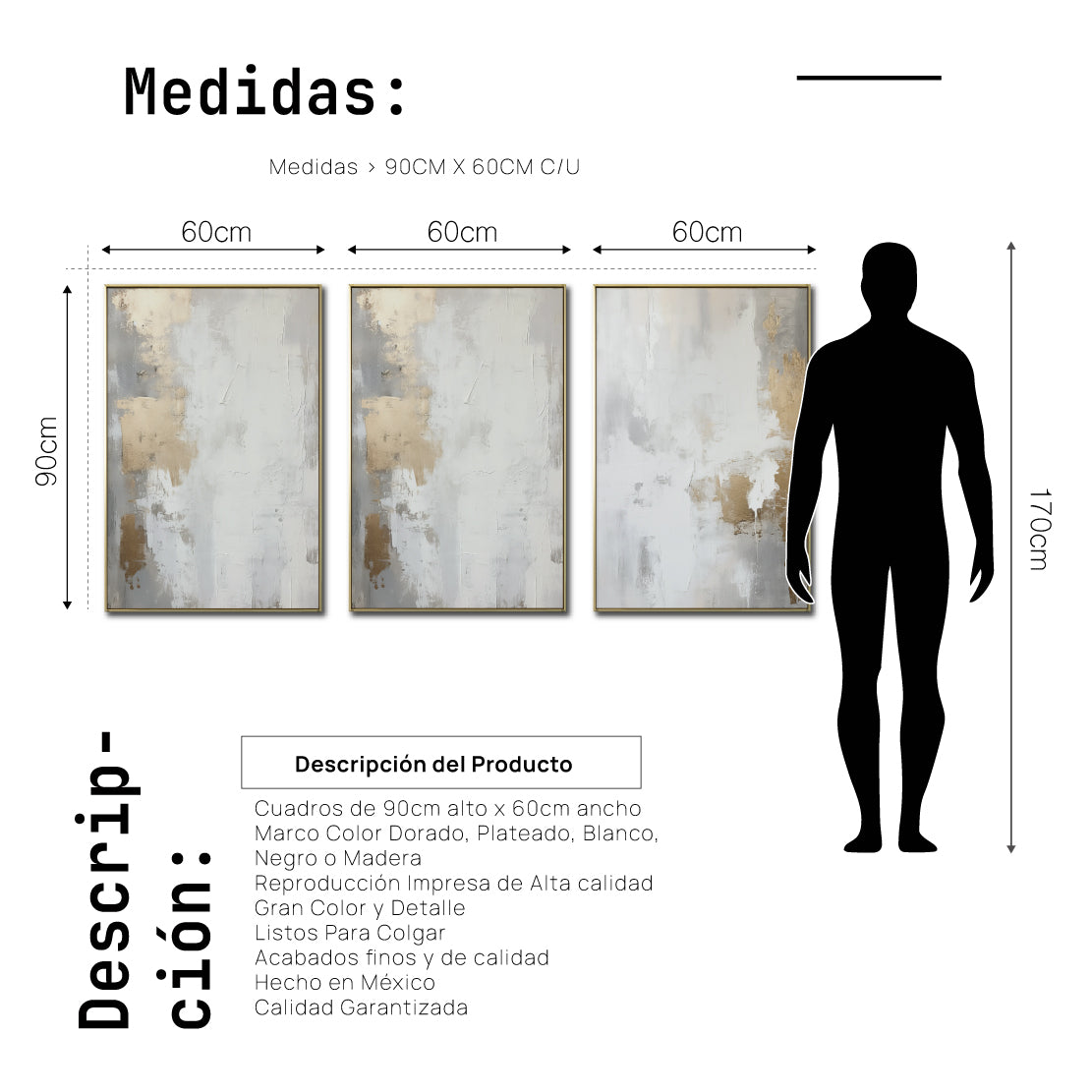 Set Cuadros Decorativos Abstracto Negro Arena 2 - 278 - Triptico Moderno y Elegante Arte Estilo Nordico en Blanco, Gris y Dorado Oro