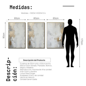 Set Cuadros Decorativos Abstracto Negro Arena 2 - 278 - Triptico Moderno y Elegante Arte Estilo Nordico en Blanco, Gris y Dorado Oro