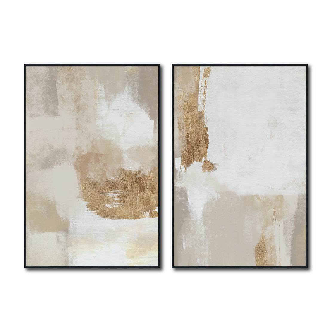 Set Cuadros Decorativos Abstracto Negro Arena 2 - 279 - Diptico Moderno y Elegante Arte Estilo Boho en Blanco, Beige y Dorado Oro