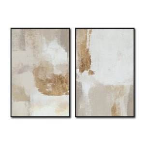 Set Cuadros Decorativos Abstracto Negro Arena 2 - 279 - Diptico Moderno y Elegante Arte Estilo Boho en Blanco, Beige y Dorado Oro