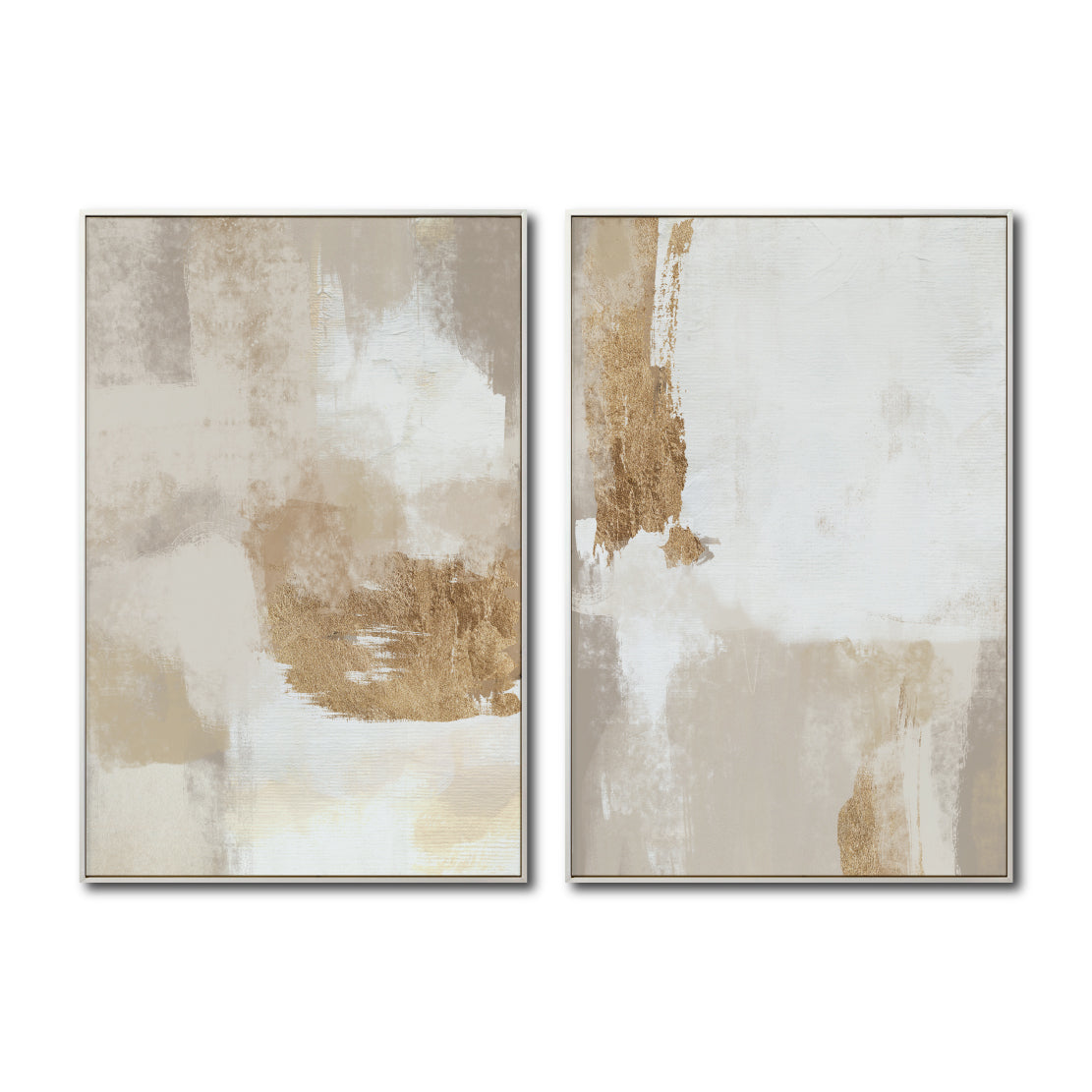Set Cuadros Decorativos Abstracto Negro Arena 2 - 279 - Diptico Moderno y Elegante Arte Estilo Boho en Blanco, Beige y Dorado Oro