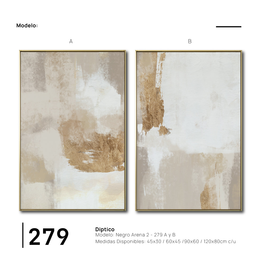 Set Cuadros Decorativos Abstracto Negro Arena 2 - 279 - Diptico Moderno y Elegante Arte Estilo Boho en Blanco, Beige y Dorado Oro